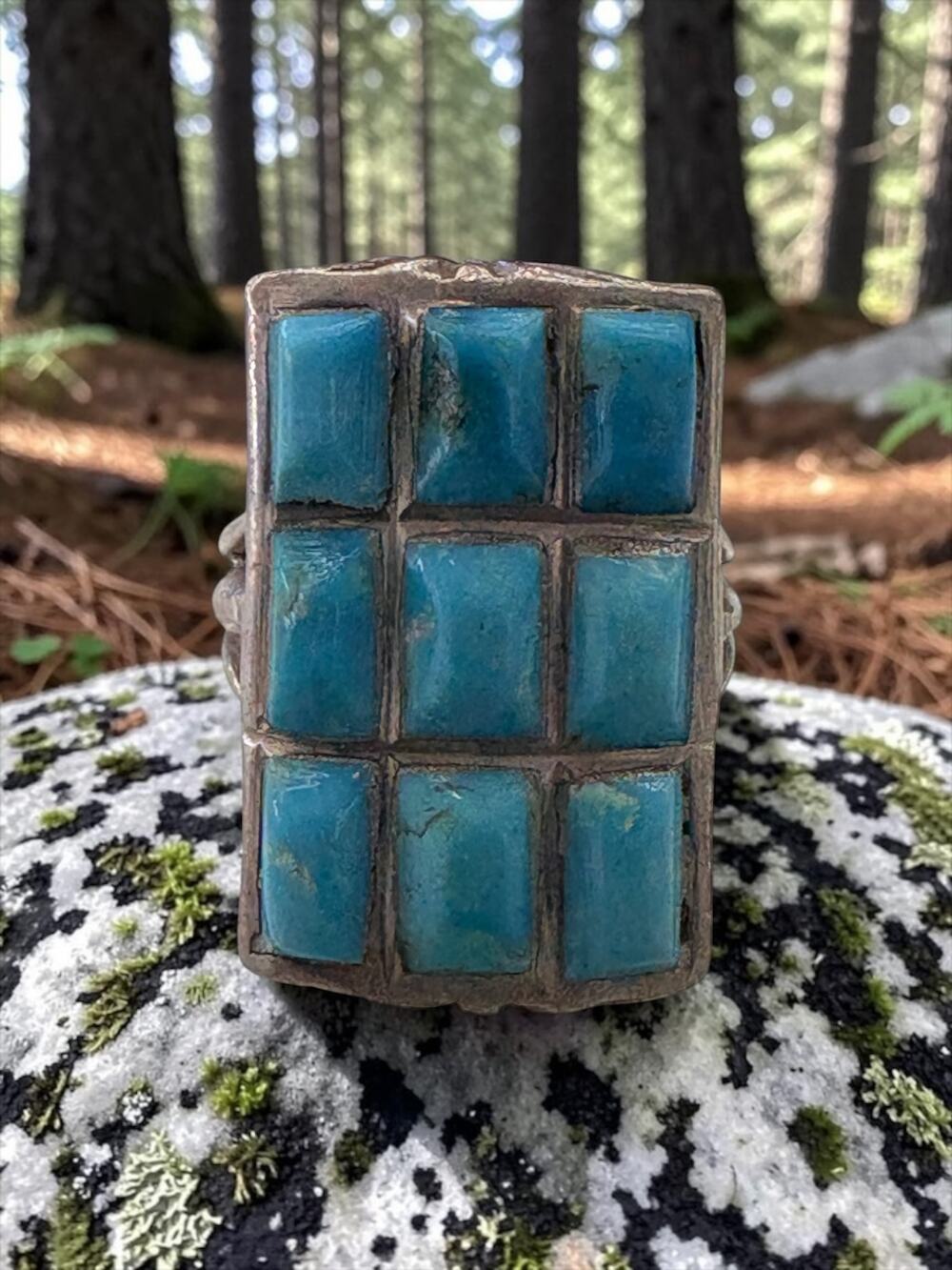 Vintage Sterling Silver Turquoise Mosaic Grid Statement Ring Sculptural Split Sh
